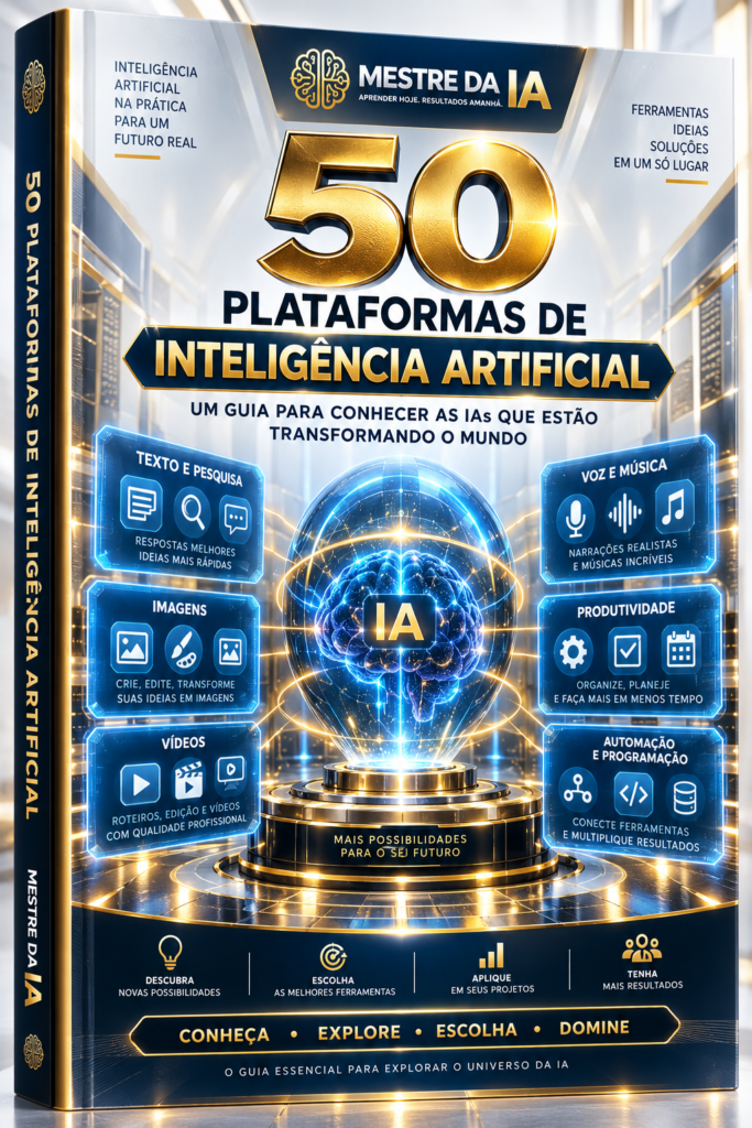 Livro 50 Plataformas de Inteligência Artificial do Mestre da IA, guia de ferramentas de IA para diferentes aplicações.