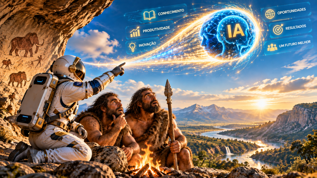 Astronauta mostra a Inteligência Artificial a dois homens pré-históricos, simbolizando a evolução do conhecimento e da tecnologia.
