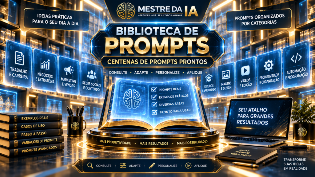 Biblioteca de Prompts Mestre da IA com centenas de prompts prontos organizados por categorias para consulta e adaptação.