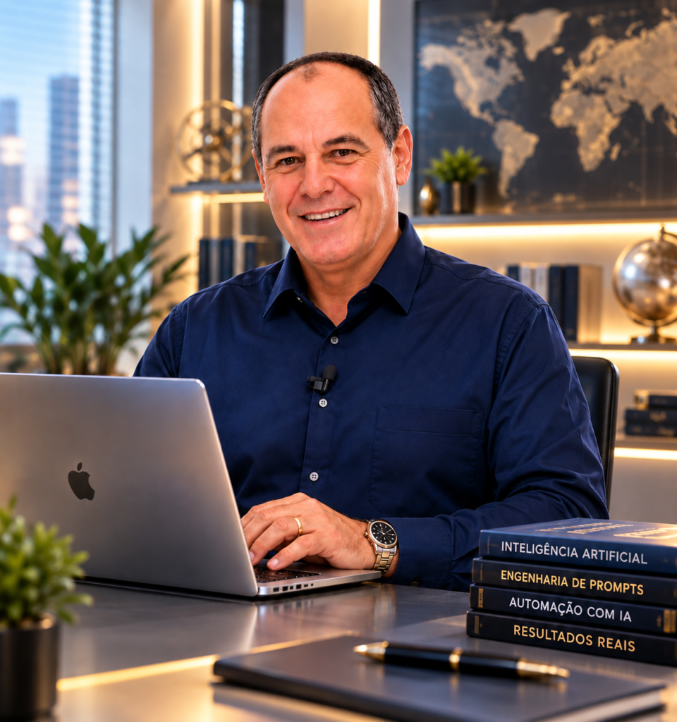 Carlos Alberto Scavassa, professor do Mestre da IA, em ambiente profissional com computador e livros sobre Inteligência Artificial.