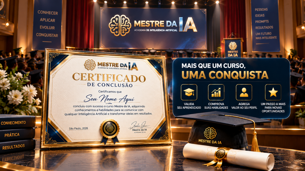 Certificado de conclusão do curso Mestre da IA apresentado em cerimônia de formatura.