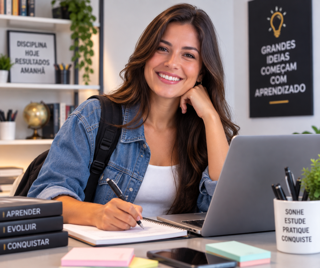 Estudante utilizando Inteligência Artificial para aprender, pesquisar e estudar de forma mais eficiente.