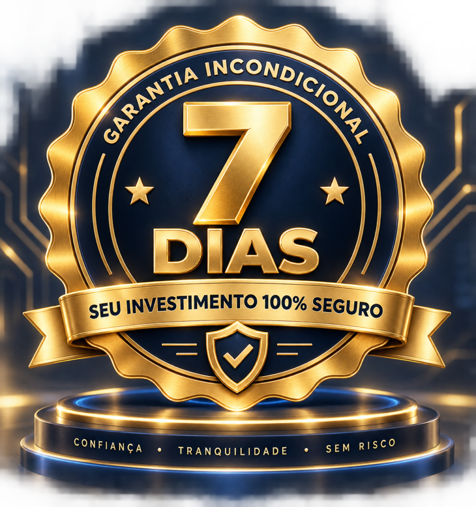 Selo dourado de garantia de 7 dias, indicando segurança e tranquilidade na compra do curso Mestre da IA.