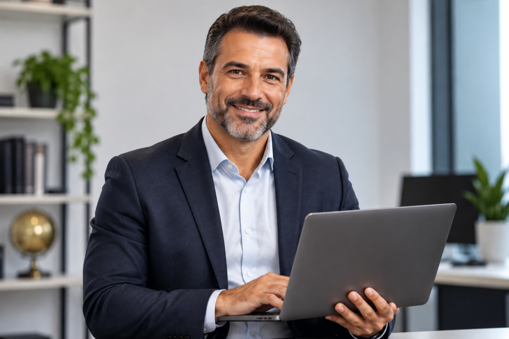 Profissional utilizando Inteligência Artificial para aumentar a produtividade e melhorar seus resultados no trabalho.