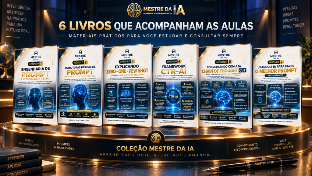 Coleção de seis livros do curso Mestre da IA que acompanham as aulas sobre Inteligência Artificial e Engenharia de Prompts.